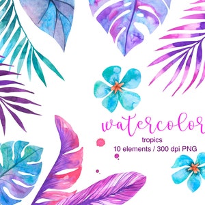 May include: Watercolor illustrations of tropical leaves and flowers in shades of blue, purple, and pink. The text "watercolor tropics 10 elements / 300 dpi PNG" is included in the image.