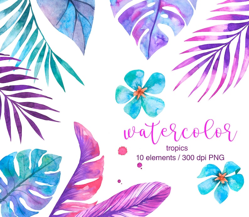 May include: Watercolor illustrations of tropical leaves and flowers in shades of blue, purple, and pink. The text "watercolor tropics 10 elements / 300 dpi PNG" is included in the image.