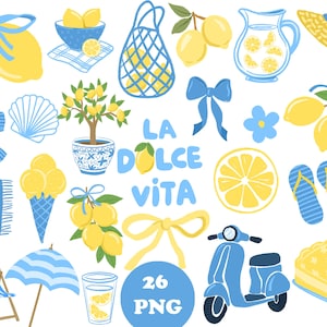 May include: A collection of illustrations featuring lemons, bows, a scooter, and other summer-themed items. The color palette includes yellow and blue, with the text "LA DOLCE VITA" in the center. The image also includes the text "26 PNG".