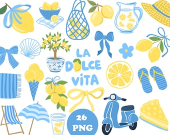 Paquete de imágenes PNG de limones, imágenes prediseñadas de verano italiano, conjunto de gráficos de cítricos de la Costa Amalfitana, imágenes prediseñadas de La Dolce Vita Lemon Mediterranean Summer Wedding Invete