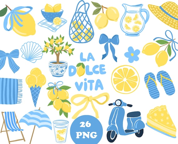 Lemon PNG Bundle, Italian Summer Clipart, Amalfi Coast Citrus Graphics Set, La Dolce Vita Lemon Mediterranean Summer Wedding Invete Clipart