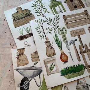 May include: A set of watercolor illustrations featuring gardening tools and supplies, including a wheelbarrow, a bag of seeds, a tomato plant, a pair of shears, a hammer, a fence, and a bag of onions. The illustrations are painted in a realistic style with a focus on detail.