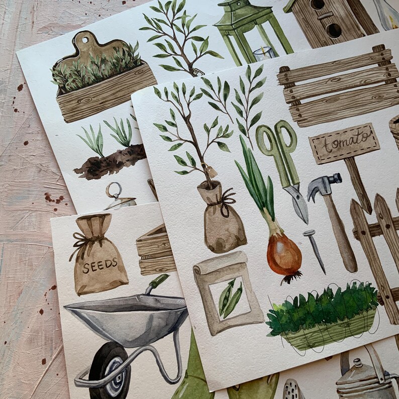 May include: A set of watercolor illustrations featuring gardening tools and supplies, including a wheelbarrow, a bag of seeds, a tomato plant, a pair of shears, a hammer, a fence, and a bag of onions. The illustrations are painted in a realistic style with a focus on detail.