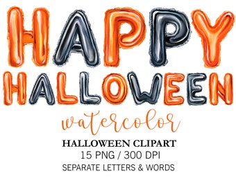Letras de globos de Feliz Halloween en acuarela PNG Descarga digital Lista para imprimir Pancarta de Halloween, texto