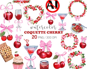 Imágenes prediseñadas de cerezas coquetas en acuarela PNG, imágenes prediseñadas de lazos de cerezas, cerezas con cinta rosa, arte frutal cottagecore, corona de cerezas, estética coqueta