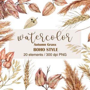 Op de afbeelding: Waterverfillustratie van herfstgras in boho-stijl. De illustratie toont verschillende soorten grassen, waaronder pampasgras, tarwe en haver, in tinten bruin en beige. De illustratie bevat ook delicate, gedroogde bloemen en bladeren.