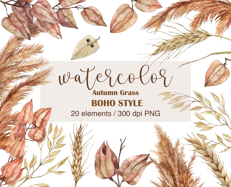 Op de afbeelding: Waterverfillustratie van herfstgras in boho-stijl. De illustratie toont verschillende soorten grassen, waaronder pampasgras, tarwe en haver, in tinten bruin en beige. De illustratie bevat ook delicate, gedroogde bloemen en bladeren.