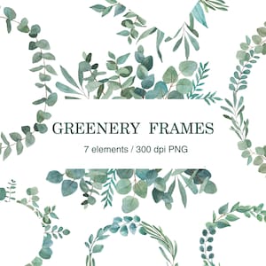 Watercolor Greenery Frames, Eucalyptus watercolor wreath, Wedding watercolor, Leaf wreath clipart, Border Clipart, Elegant watercolor, PNG