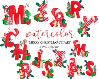 Imágenes prediseñadas de Feliz Navidad en acuarela, letras separadas en acuarela roja, decoración navideña, regalos de Navidad, bastón de caramelo, dulces navideños, PNG