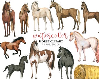 Imágenes prediseñadas de caballo en acuarela, imágenes prediseñadas de animales, decoración infantil, imágenes prediseñadas de caballo, imágenes prediseñadas de granja, pegatinas para planificador, imágenes prediseñadas de fiesta del oeste en el rancho, arte digital