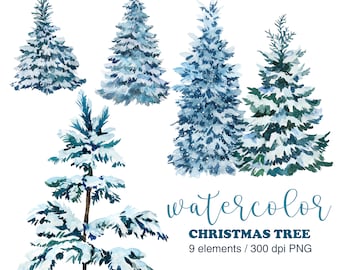 Aquarelle de pin enneigé clipart, pin PNG, clipart sapin de Noël, clipart forêt hiver, conifères pins, clipart forêt hiver