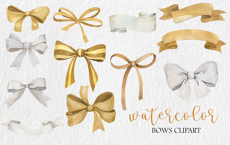 Gold & White Bows PNG Baby Shower Clipart, Watercolor Handpainted Ribbon Bows, Birthday Decor image 3