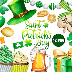 Clipart Saint-Patrick, aquarelle, PNG, autocollants St Patty, clipart mignon, clipart irlandais,