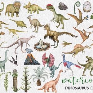 May include: Watercolor clipart featuring various dinosaurs, including a stegosaurus, triceratops, pterodactyl, and a velociraptor. The clipart also includes a volcano, eggs, and plants.