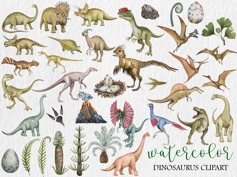 May include: Watercolor clipart featuring various dinosaurs, including a stegosaurus, triceratops, pterodactyl, and a velociraptor. The clipart also includes a volcano, eggs, and plants.