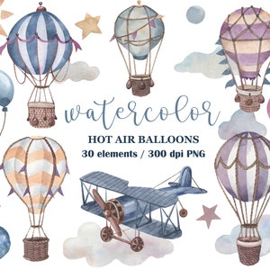 Watercolor Hot Air Balloons Clipart, Airplane clipart, Baby Shower Clipart, Travel clipart, Watercolor Stars, clouds, flag, Nursery decor