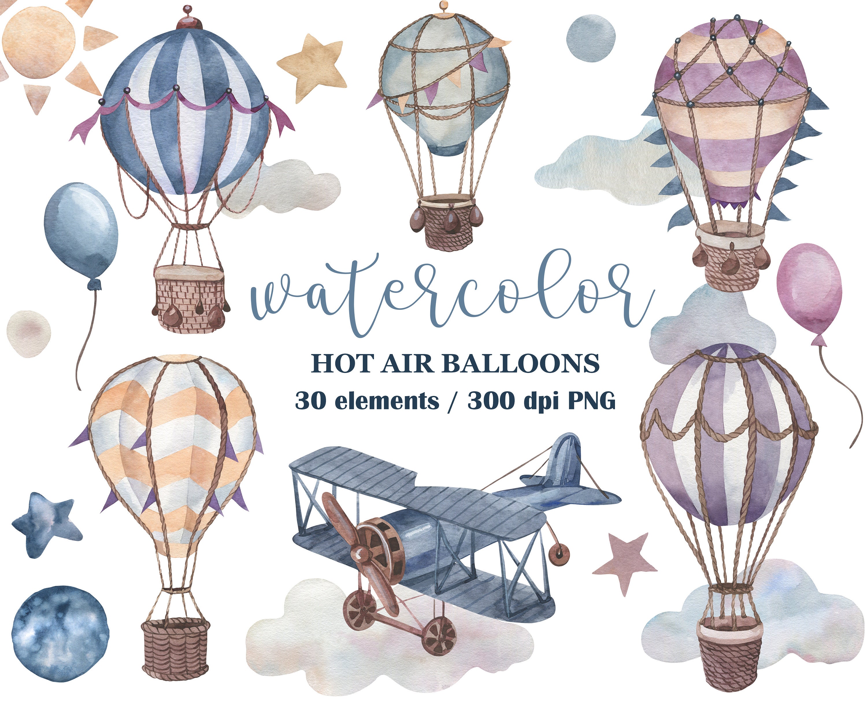 Watercolor Hot Air Balloons Clipart, Airplane clipart, Baby Shower Clipart, Travel clipart, Watercolor Stars, clouds, flag, Nursery decor