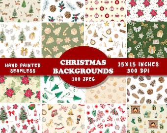 100 Christmas Backgrounds Bundle, Winter Digital Paper, Watercolor Holiday Seamless Patterns Background Graphics, Digital Download