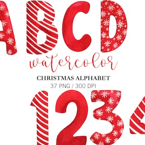 Watercolor Christmas Alphabet Clipart, Red Watercolor Separate Letters, Numbers, Christmas Decor, Merry Christmas, PNG, Commercial Use