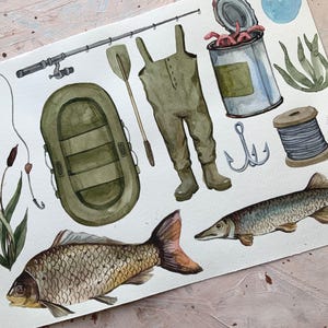 May include: Watercolor illustration of fishing gear, including a fishing rod, a green inflatable boat, a pair of waders, a can of worms, a spool of fishing line, a hook, a green and brown fish, and a brown and white fish.