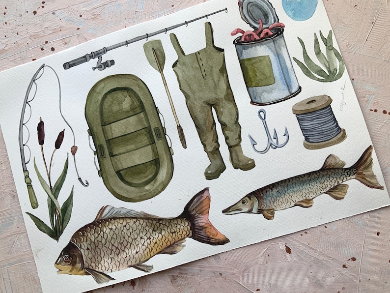 May include: Watercolor illustration of fishing gear, including a fishing rod, a green inflatable boat, a pair of waders, a can of worms, a spool of fishing line, a hook, a green and brown fish, and a brown and white fish.