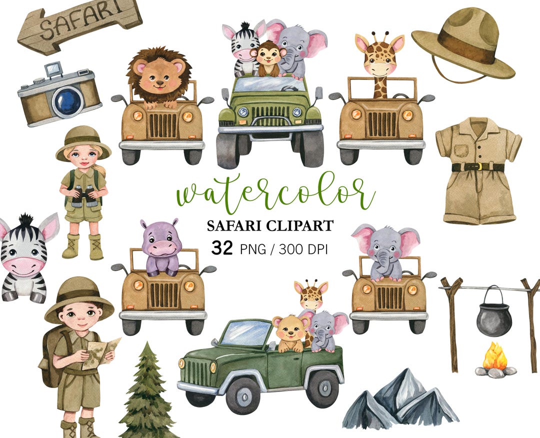 Watercolor Safari Animals Clipart PNG, Jungle Baby Shower Decor, Cute ...