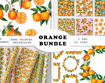 Paquete de acuarelas naranjas, patrones sin costuras, imágenes prediseñadas PNG de marcos naranjas, diseños naranjas pintados a mano, invitaciones de boda y decoración cítrica de verano.
