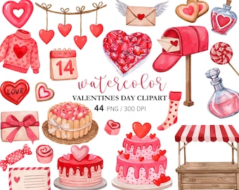 Watercolor Valentines Day BIG BUNDLE, Love png, Valentines Day Hand Painted, Valentines sweets, Cakes, Love Post Hearts, Valentines Stickers