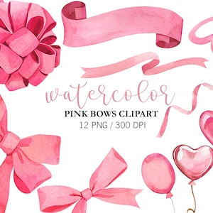 Aquarell Rosa Schleifen Clipart, Handbemalte Schleife. PNG. Rosa Luftballons, Luftballons Pink, Schleifenband Aquarell, Geschenkbögen, DIY