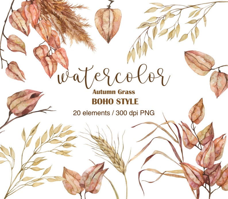 Op de afbeelding: Waterverfillustratie van herfstgras en bloemen in boho-stijl. De illustratie omvat tarwe, havergras en bruine bloemen met een delicate waterverftextuur.