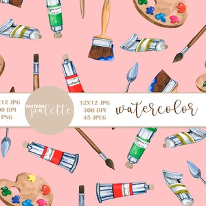 May include: A seamless pattern featuring watercolor illustrations of paintbrushes, paint tubes, and artist palettes. The pattern is on a pink background and includes the text "PATTERN palette watercolor".
