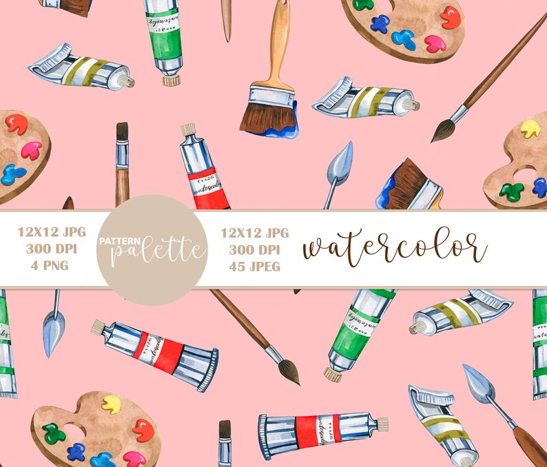 May include: A seamless pattern featuring watercolor illustrations of paintbrushes, paint tubes, and artist palettes. The pattern is on a pink background and includes the text "PATTERN palette watercolor".