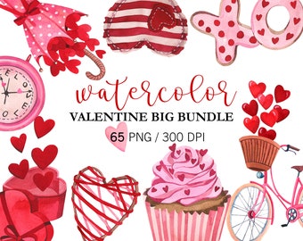 Watercolor Valentines Day BIG BUNDLE, Love png, Valentines Day Clipart, Valentines sweets, Valentines gifts, Hearts, Bikes, Planner Stickers