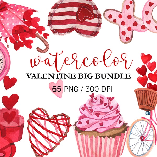 Aquarell Valentinstag BIG BUNDLE, Liebe png, Valentinstag Clipart, Valentinstag Süßigkeiten, Valentinstag Geschenke, Herzen, Fahrräder, Planner Aufkleber