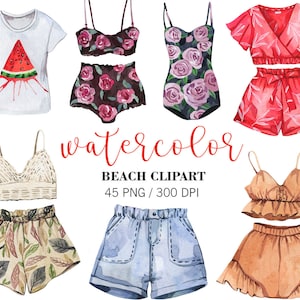 K&ouml;nnte beinhalten: Aquarell-Illustrationen von Strandbekleidung, darunter ein Badeanzug, ein Bikini-Oberteil und -Unterteil, ein Tanktop und Shorts, ein Crop-Top und Shorts sowie eine Jeans-Shorts. Die Illustrationen sind in verschiedenen Farben gehalten, darunter Rot, Blau, Gr&uuml;n und Braun.
