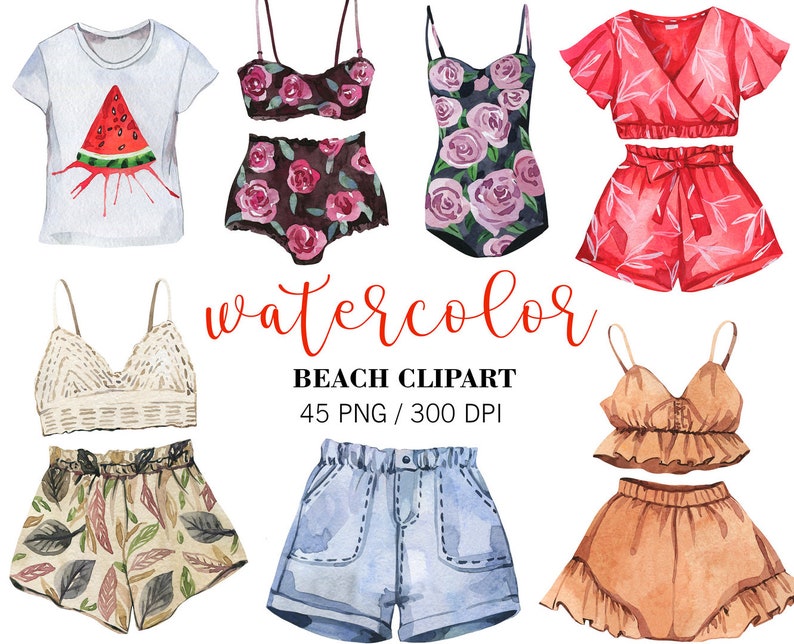 K&ouml;nnte beinhalten: Aquarell-Illustrationen von Strandbekleidung, darunter ein Badeanzug, ein Bikini-Oberteil und -Unterteil, ein Tanktop und Shorts, ein Crop-Top und Shorts sowie eine Jeans-Shorts. Die Illustrationen sind in verschiedenen Farben gehalten, darunter Rot, Blau, Gr&uuml;n und Braun.