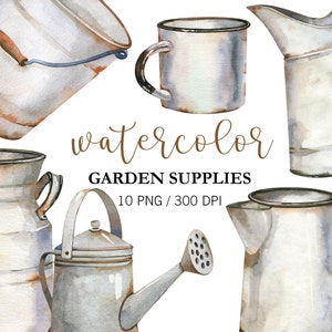 Ferramentas de jardim em aquarela, utensílios de jardim, clipart de jardim, PNG, elementos de ferro enferrujado, bule rústico, regador, copo e balde