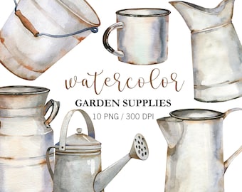 Watercolor Garden Tools, Garden utensils, Garden Clipart, PNG, Rusty Iron Elements, Rustic Teapot, Watering can, Cup and Bucket