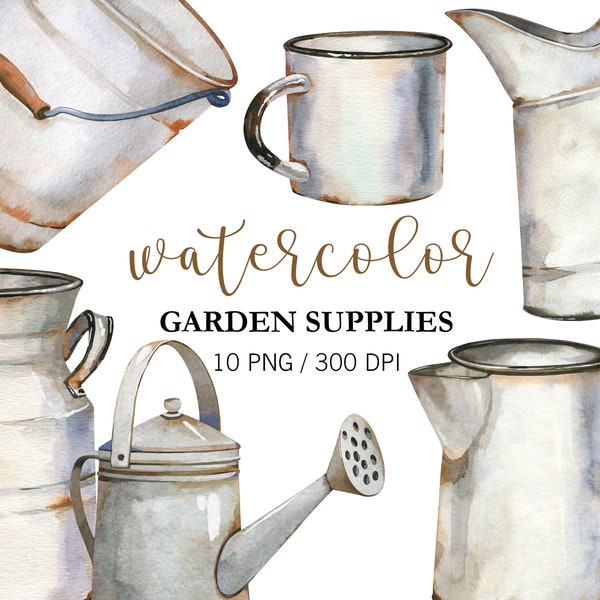 Watercolor Garden Tools, Garden utensils, Garden Clipart, PNG, Rusty Iron Elements, Rustic Teapot, Watering can, Cup and Bucket