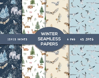 Watercolor Winter Woodland Christmas Patterns, Digital Papers Background, Pine trees, Deers, Owl, Seagulls, Snowflakes, PNG JPEG