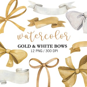 Gold & White Bows PNG Baby Shower Clipart, Watercolor Handpainted Ribbon Bows, Birthday Decor image 2