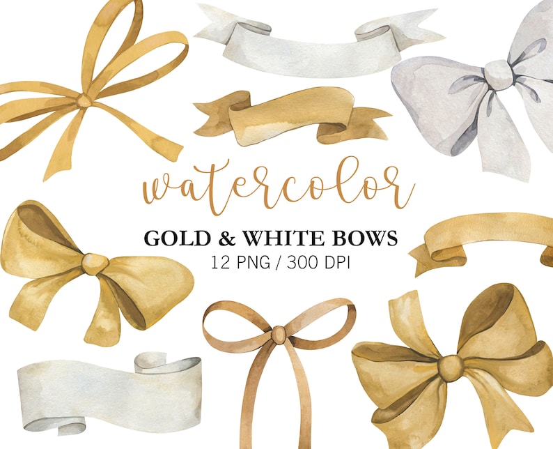 Gold & White Bows PNG Baby Shower Clipart, Watercolor Handpainted Ribbon Bows, Birthday Decor image 2