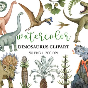 May include: Watercolor clipart set featuring dinosaurs, plants, and a volcano. The set includes a green Tyrannosaurus Rex, a blue and green Brachiosaurus, a brown Triceratops, a green Pterodactyl, a green fern, a palm tree, a green plant, and a gray volcano with orange lava.