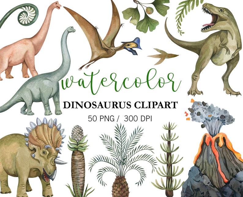 May include: Watercolor clipart set featuring dinosaurs, plants, and a volcano. The set includes a green Tyrannosaurus Rex, a blue and green Brachiosaurus, a brown Triceratops, a green Pterodactyl, a green fern, a palm tree, a green plant, and a gray volcano with orange lava.