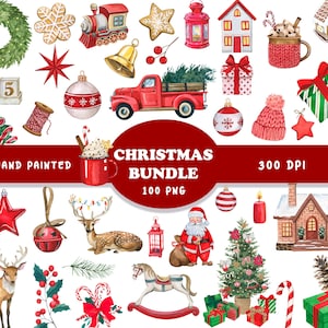 May include: A selection of hand-painted Christmas illustrations. Features a red truck with a Christmas tree, festive ornaments, gingerbread biscuits, a Santa Claus figure, and a Christmas tree. The text "Christmas Bundle" is visible.