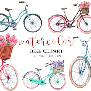 Clipart di bicicletta ad acquerello, Clipart di viaggio, Clipart di trasporto, Bicicletta con palloncini, PNG, Clipart estiva, Decorazione per bambini Bicicletta con fiori