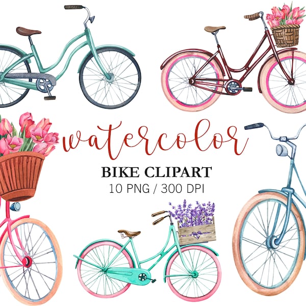 Watercolor Bike Clipart, Travel Clipart, Transport clipart, Bicycle with Balloons, PNG, Summer clipart, Nursery Decor Bicycle with flowers