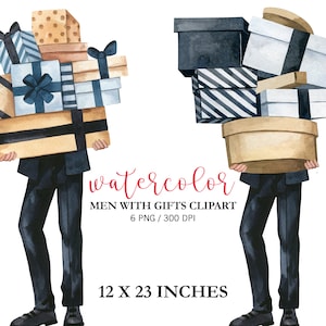 Hombres de acuarela con regalos de Navidad en colores rojo, verde, negro y beige, decoración navideña, ChristmasPNG, clipart de Año Nuevo, regalos de Navidad