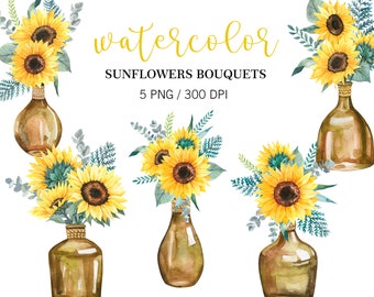Imágenes prediseñadas de girasoles en acuarela, girasoles en botellas de vidrio, PNG, decoración del hogar, ramo de girasoles, composición de girasoles, ramos de flores