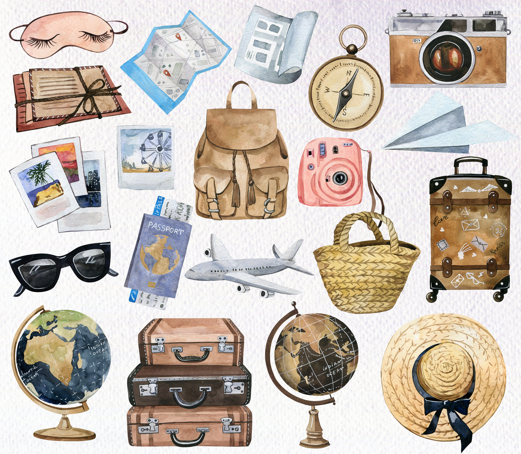 Watercolor Travel Clipart, Summer Holiday, Vacation Clipart, Tourism  Clipart, Planner Clipart, Adventure Clipart, PNG, Airplane Camera Globe 